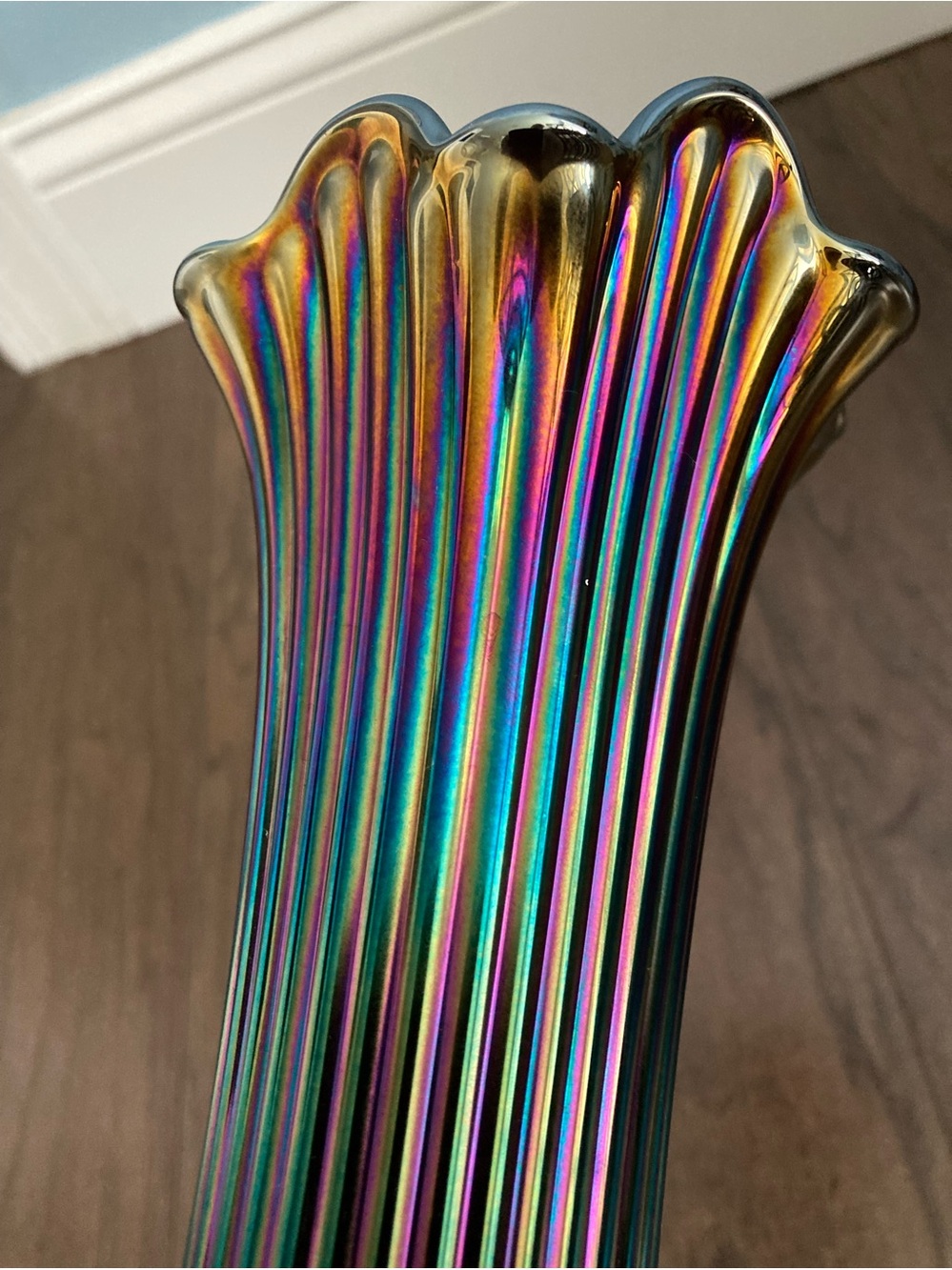 Fenton Peacock Iridescent Ribbed Carnival Glass Stretch Vase